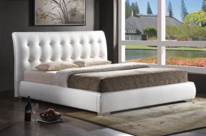 Łóżko tapicerowane tkaniną z wezgłowiem i pikowaniami - białe - 160 x 200 cm - lana